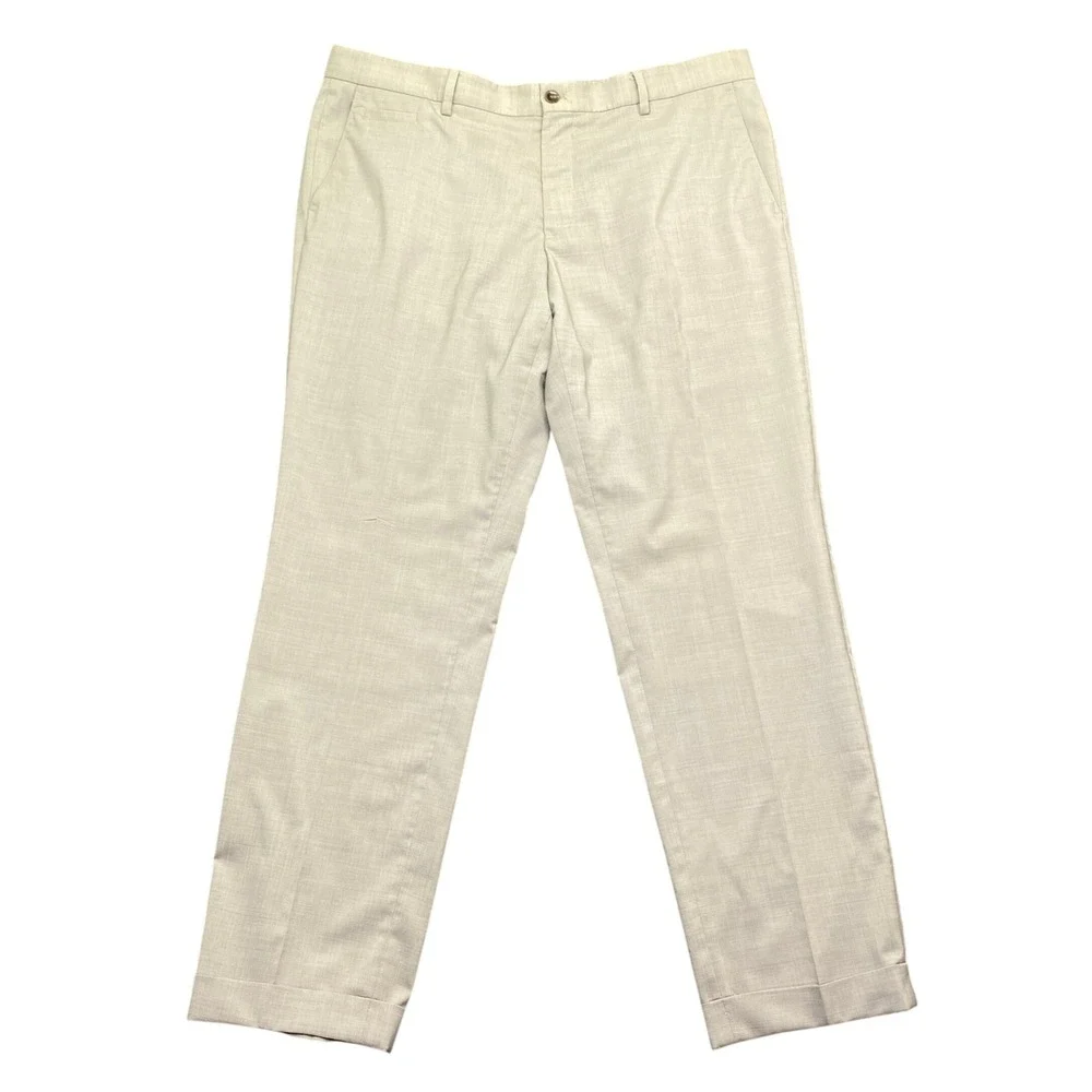Hugo Boss Mens Beige Virgin Wool Blend Flat Front Cuffed Dress Pants Size 40R